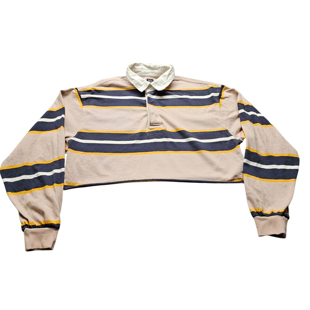 BDG Urban Outfitters Cropped Striped Rugby Shirt Small Tan Navy Yellow OB1234577
